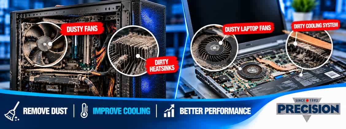  Dusty PC fans and laptop cooling systems requiring professional cleaning